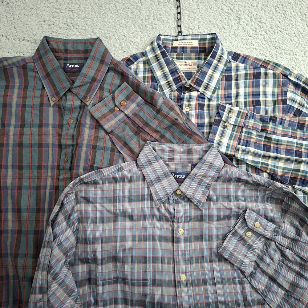 Vtg Arrow Shirt Mens L Casual Pocket Button Down Thin Plaid Long Sleeve Lot of 3